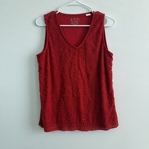 By Chico’s Red Sleeveless Top Embroidered Floral Overlay Lace Lining Summer Med